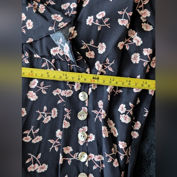 Vintage 90s Black Floral Dress Shoulder Pads Ruffle Slit Button Detail Sz 2 - Picture 11 of 14